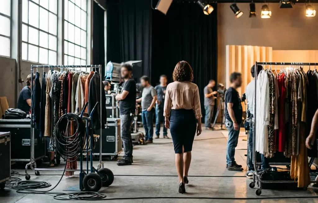 Atriz de costas caminhando em set de gravação, equipe técnica desfocada ao fundo.