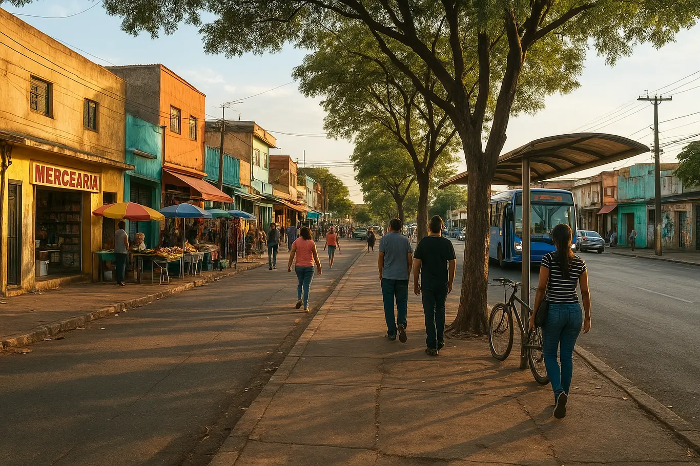 Rua ampla com comércio local, feirinha e parada de ônibus em bairro econômico de Brasília