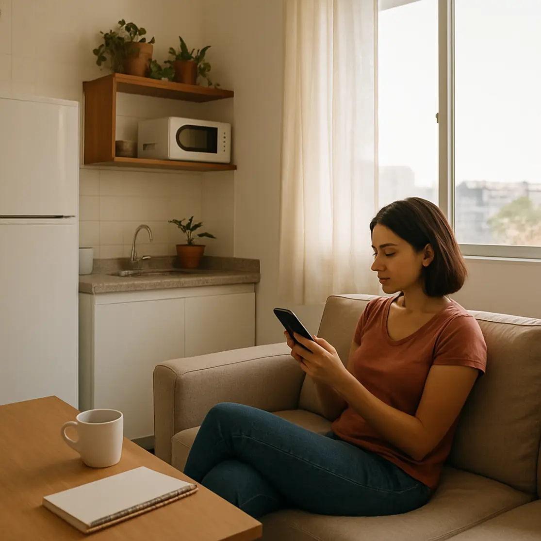 Interior de apartamento compacto bem iluminado em bairro acessível de Brasília com pessoa de perfil