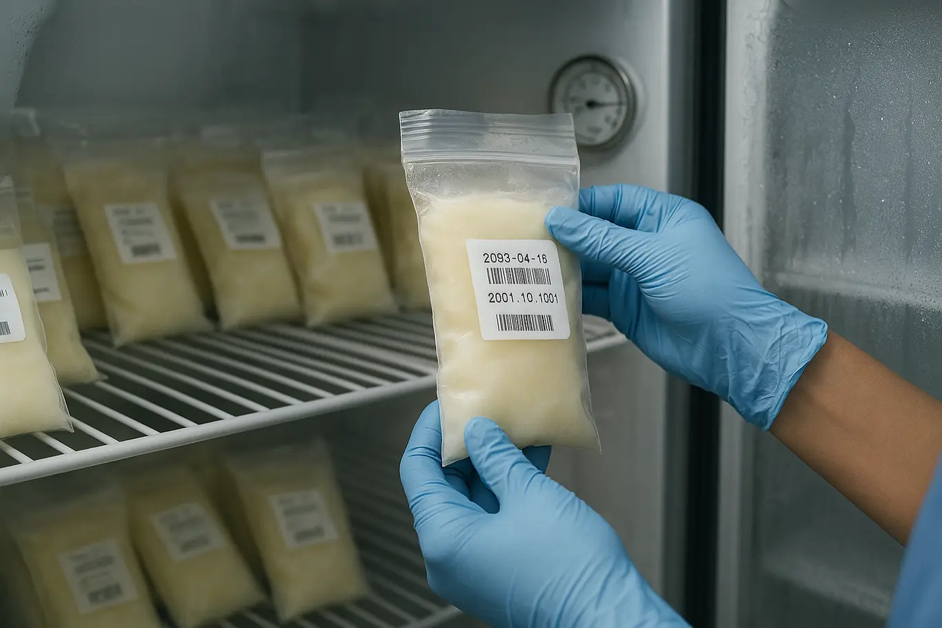 Detalhe de mãos com luvas guardando sacos de leite materno em refrigerador com termômetro
