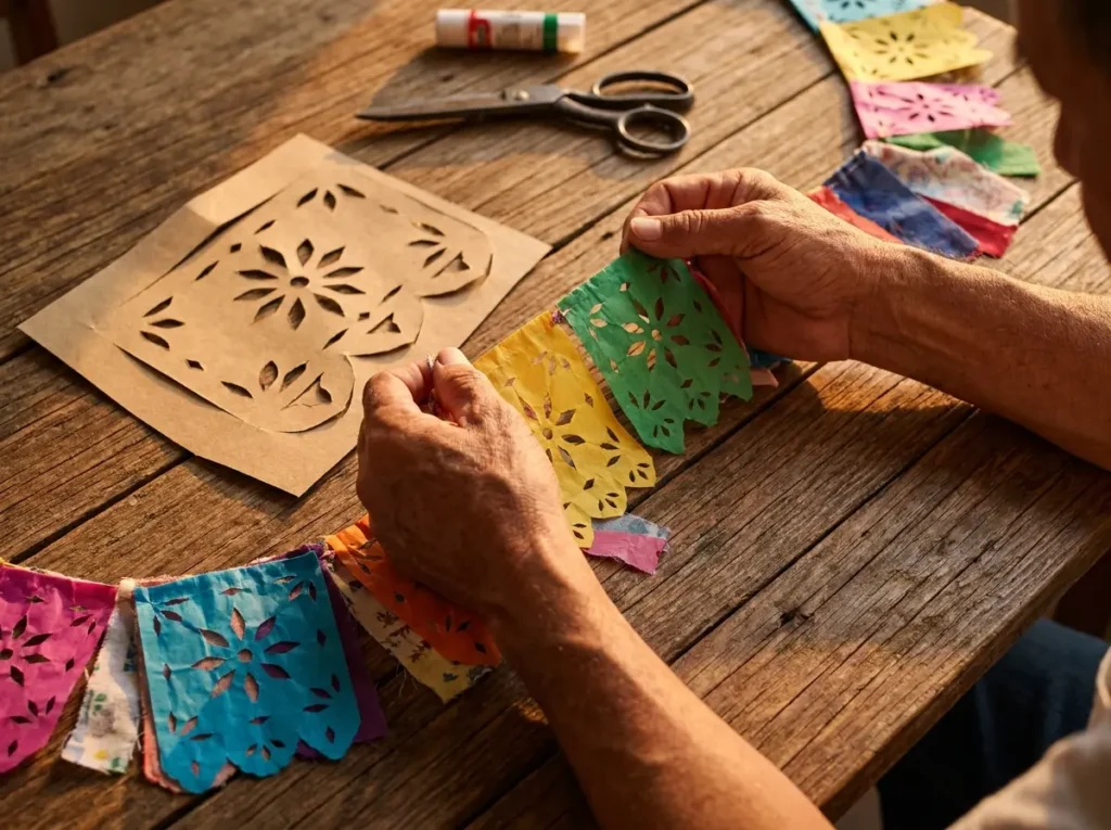 Mãos segurando fileira de bandeirinhas coloridas sobre mesa com molde e tesoura