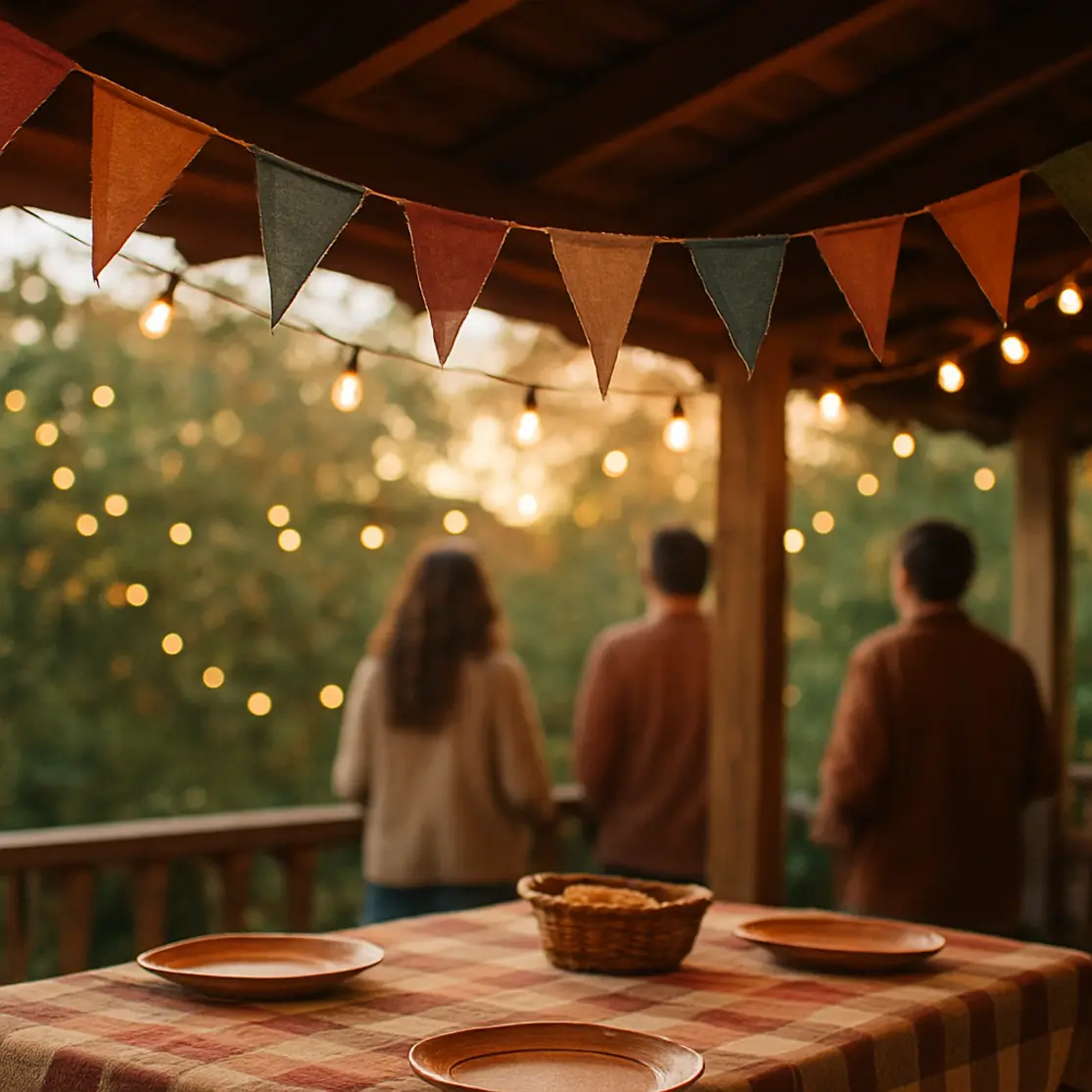 Varanda com bandeirinhas artesanais e mesa decorada ao entardecer