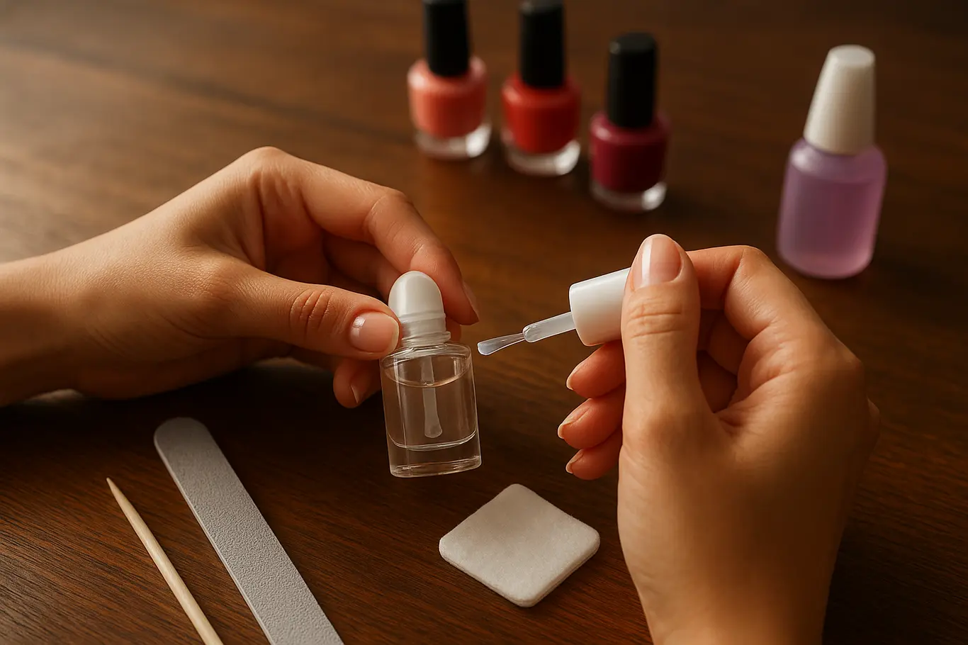 Mesa de manicure vista de cima com mãos aplicando base coat e ferramentas organizadas