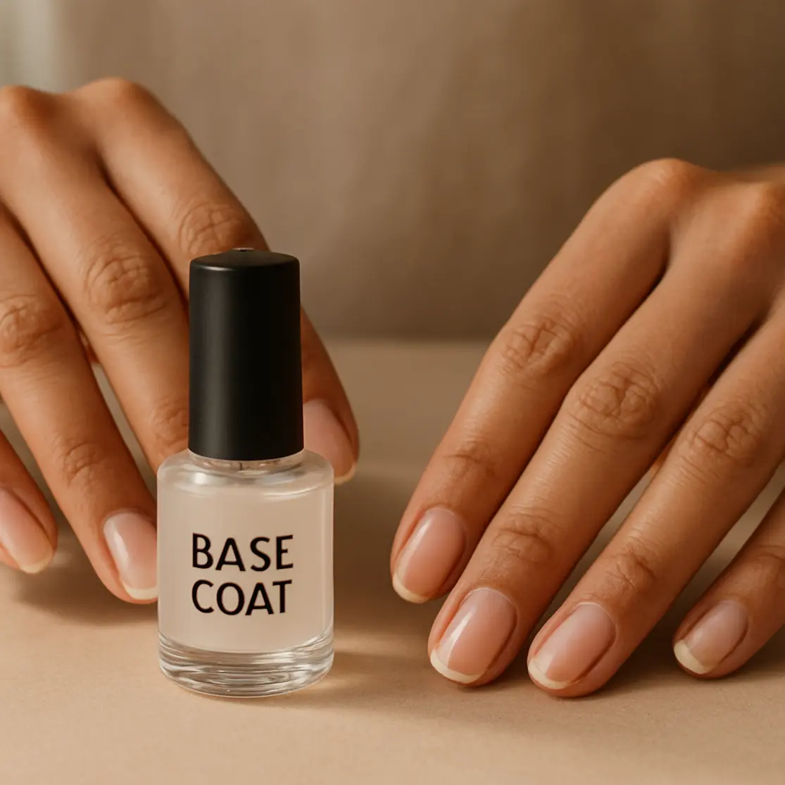 Frasco de base coat em primeiro plano com mãos ao fundo mostrando unha intacta e unha lascada para comparação