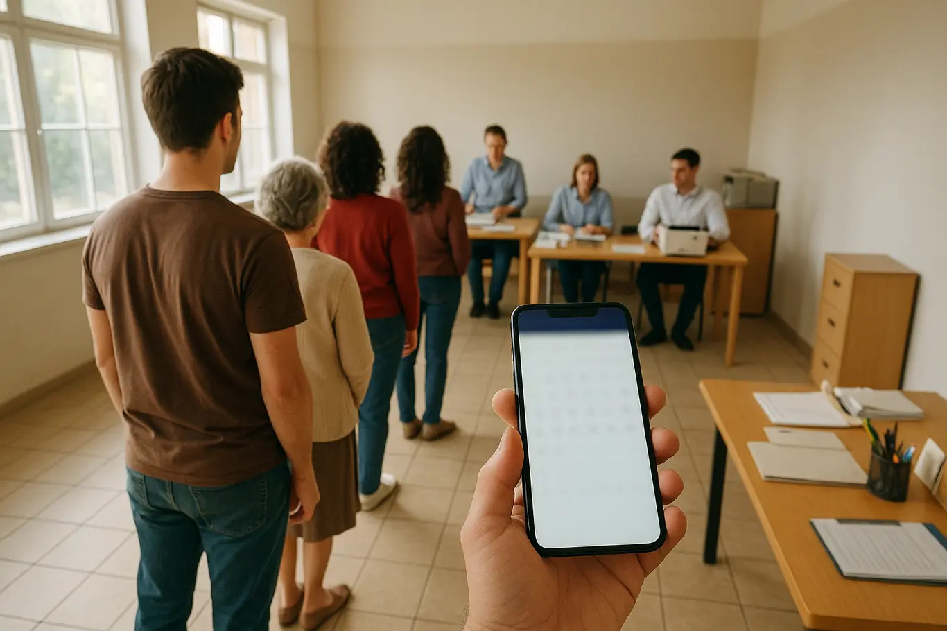 Sala de atendimento com fila e eleitor segurando smartphone enquanto aguarda para cadastro biométrico