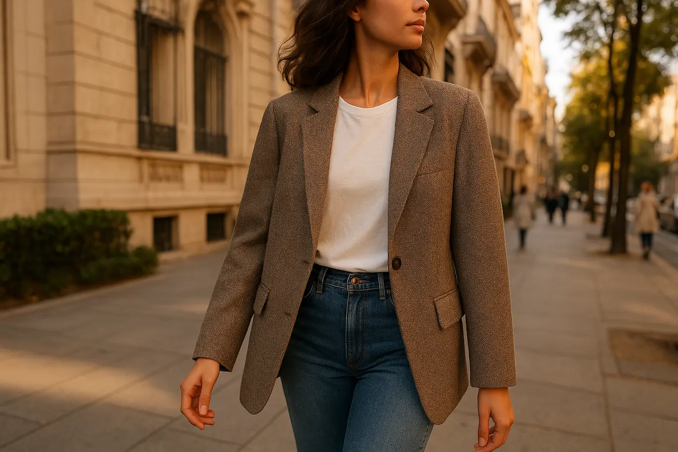 Mulher caminhando em 3/4 com blazer overshoulder sobre camiseta e jeans, cena de rua sofisticada.