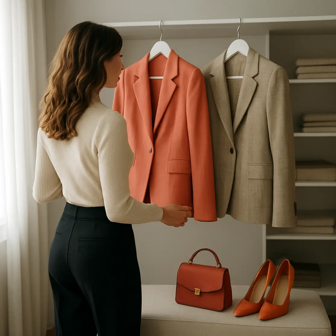 Cena de closet minimalista com mulher em perfil escolhendo blazers, foco em texturas e combinações.