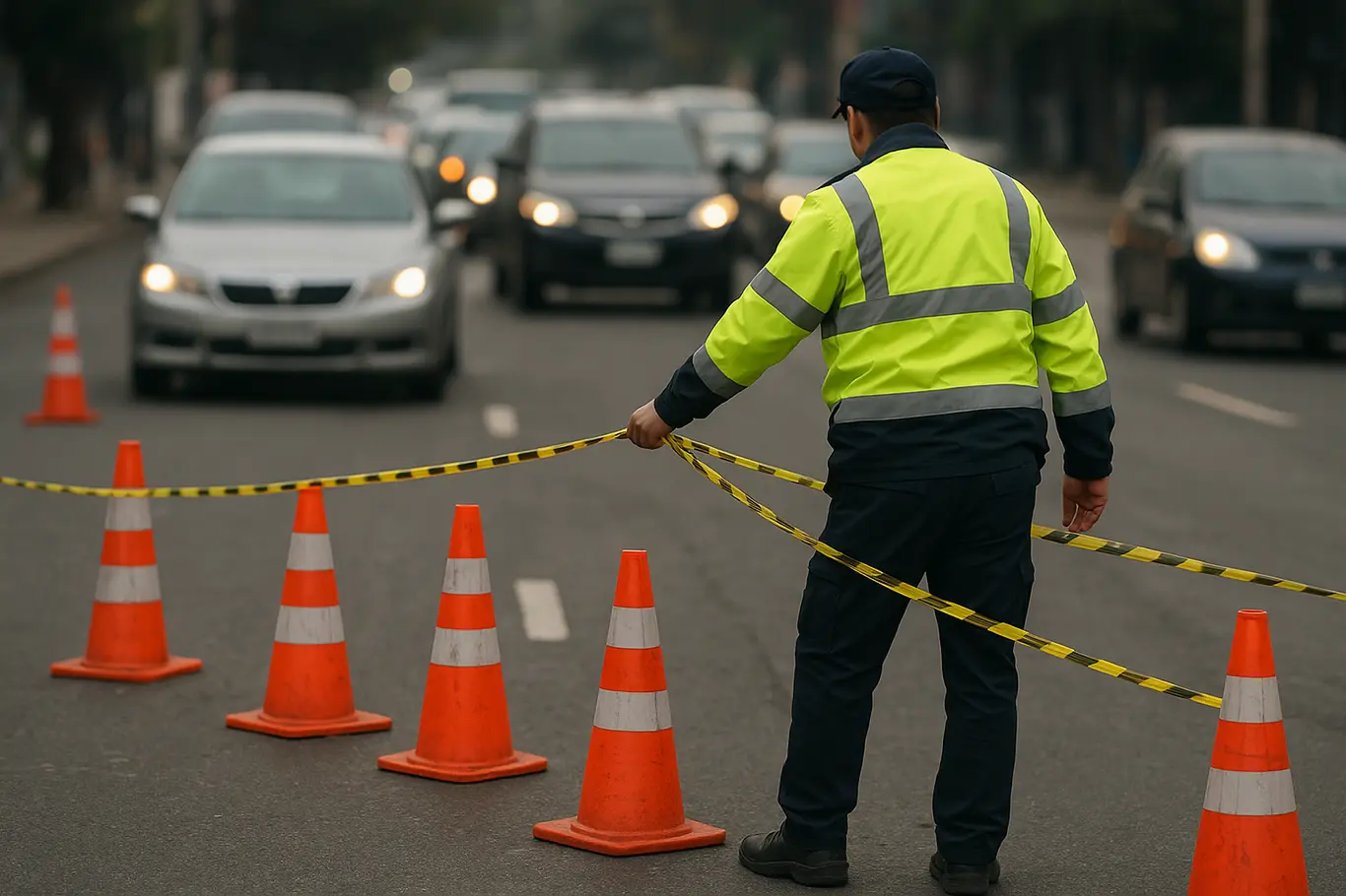 Detalhe de cones e sinalização durante bloqueio no SIA, com veículos desfocados ao fundo