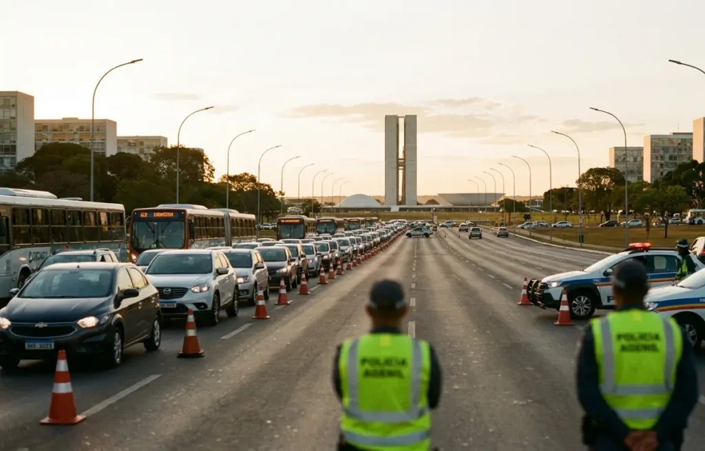 Eixo Monumental com filas de veículos e bloqueio de trânsito em Brasília