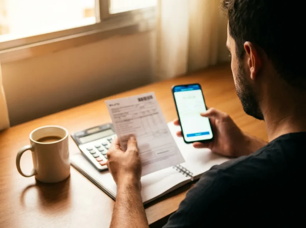 Autônomo segurando um boleto impresso desfocado e um smartphone sobre uma mesa, visto em 3/4 de costas