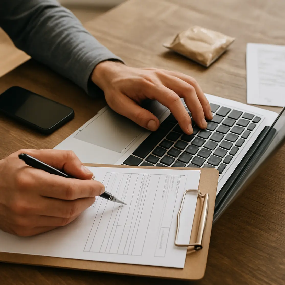 Mãos segurando um boleto sobre um clipboard enquanto digitam no notebook, foco nas mãos e papel