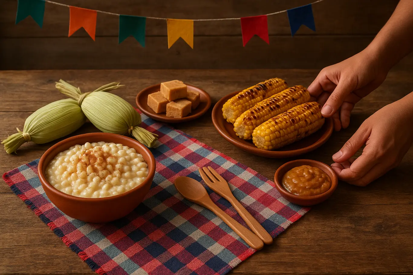 Mesa rústica com canjica, pamonha, paçoca e milho assado, mãos alcançando um prato