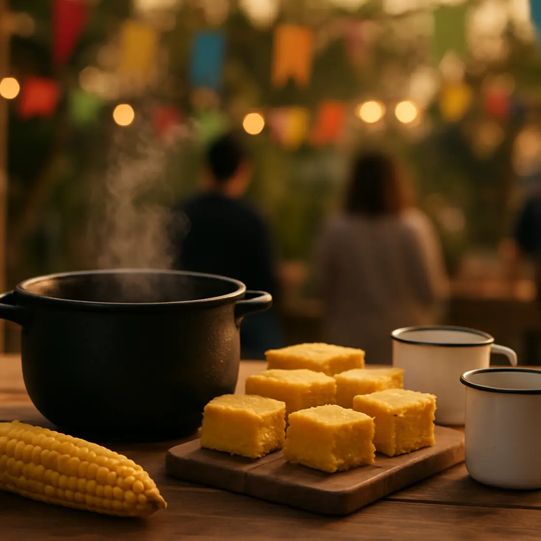 Bancada com quentão, bolo de milho e decoração de festa junina ao pôr do sol