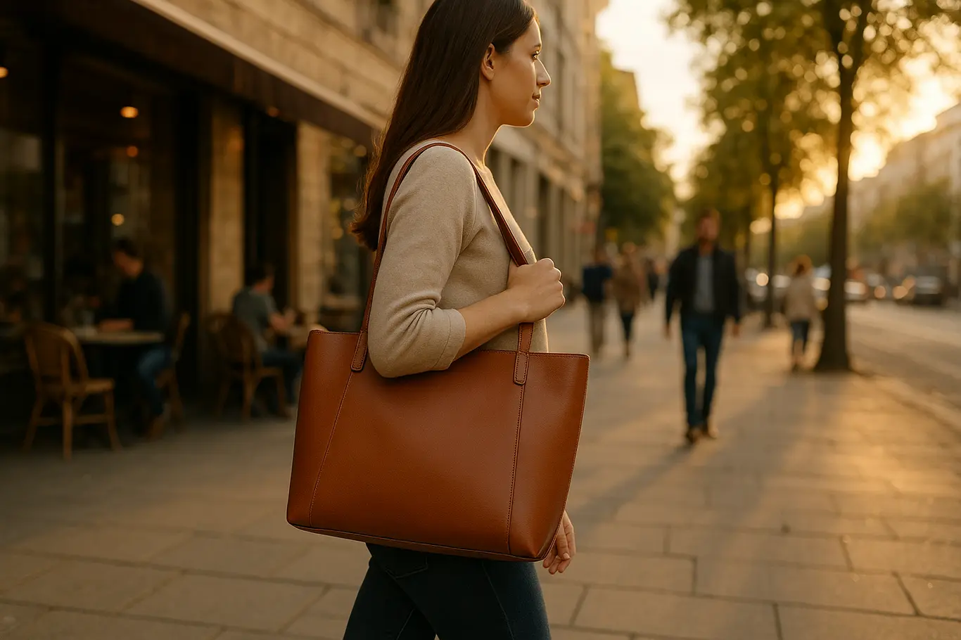 Cena urbana ampla com mulher carregando bolsa, mostrando o uso do acessório no dia a dia