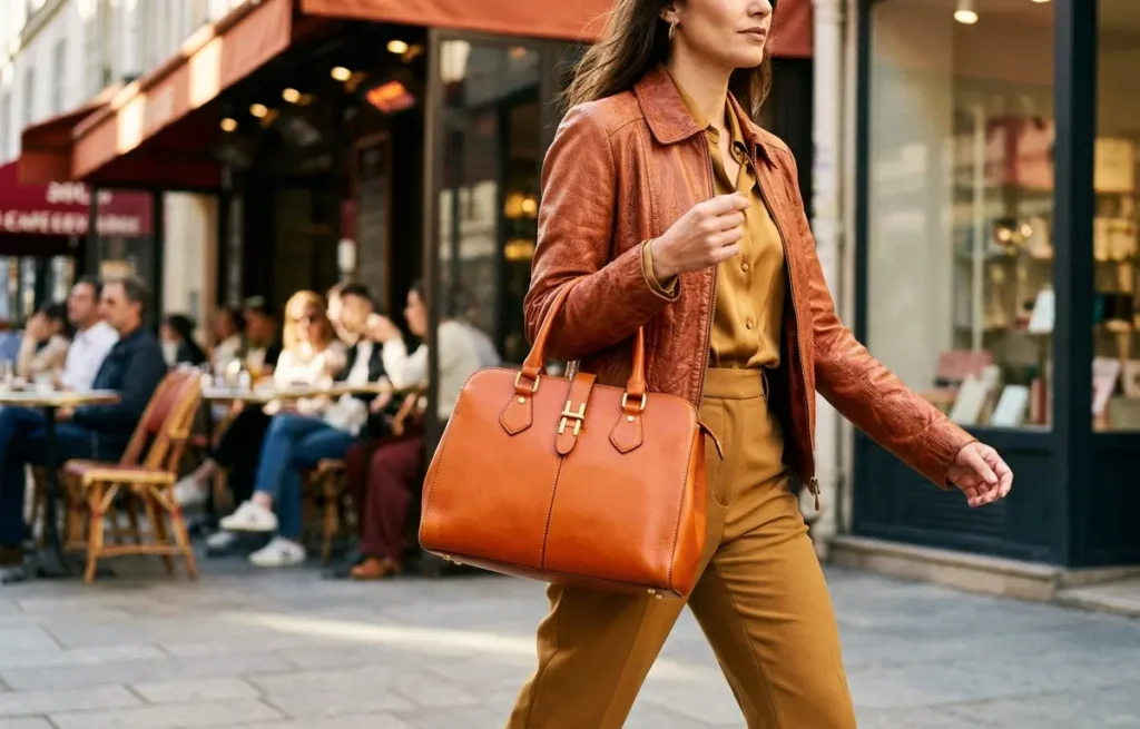 Mulher em 3/4 segurando bolsa feminina em rua ensolarada, foco na bolsa e texturas