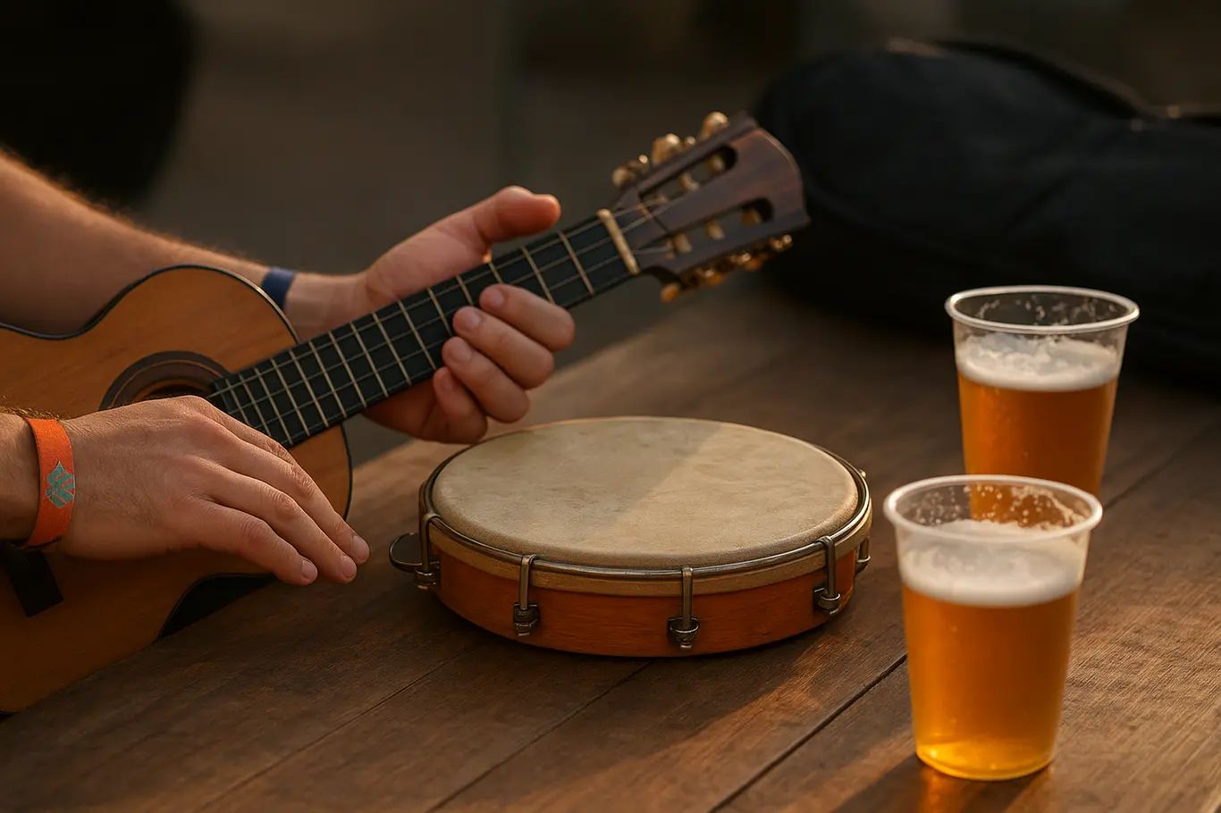 Mãos tocando pandeiro e cavaquinho em mesa de bar, copos descartáveis e capa de violão ao fundo desfocado