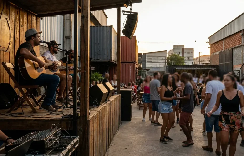 Fora do Eixo estreia Boteco do CPX com pagode, funk e sertanejo no SAAN Palco e plateia do Boteco do CPX no SAAN ao entardecer, público de costas e rostos desfocados