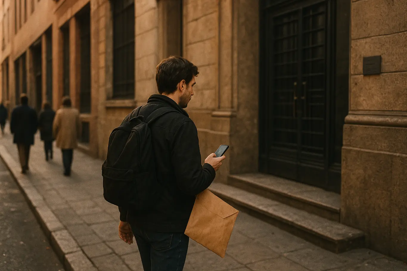 Pessoa caminhando de costas e segurando envelope e celular em frente ao banco