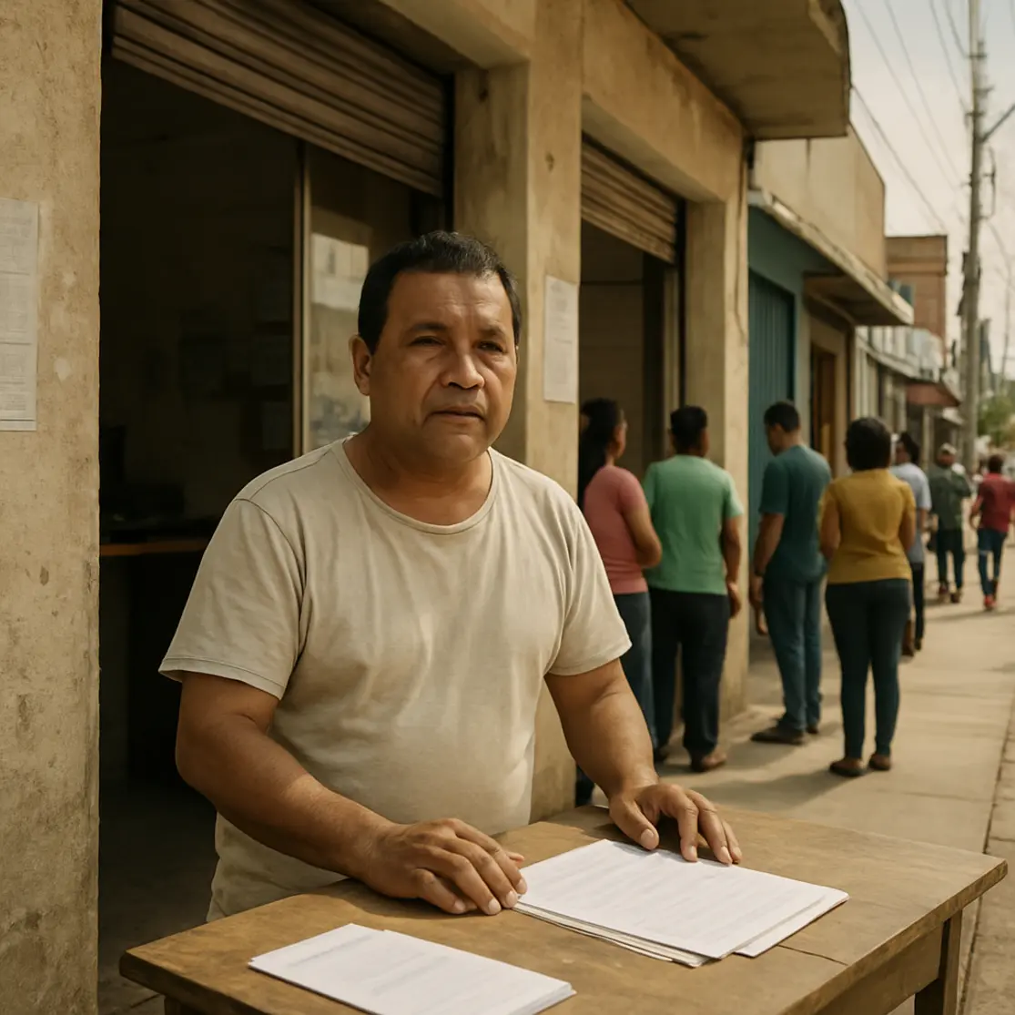 Comerciante em frente à loja com papéis sobre a mesa, cena urbana ampla