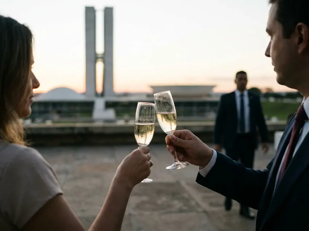 Brinde íntimo com taças em primeiro plano e Congresso Nacional desfocado ao fundo em Brasília.