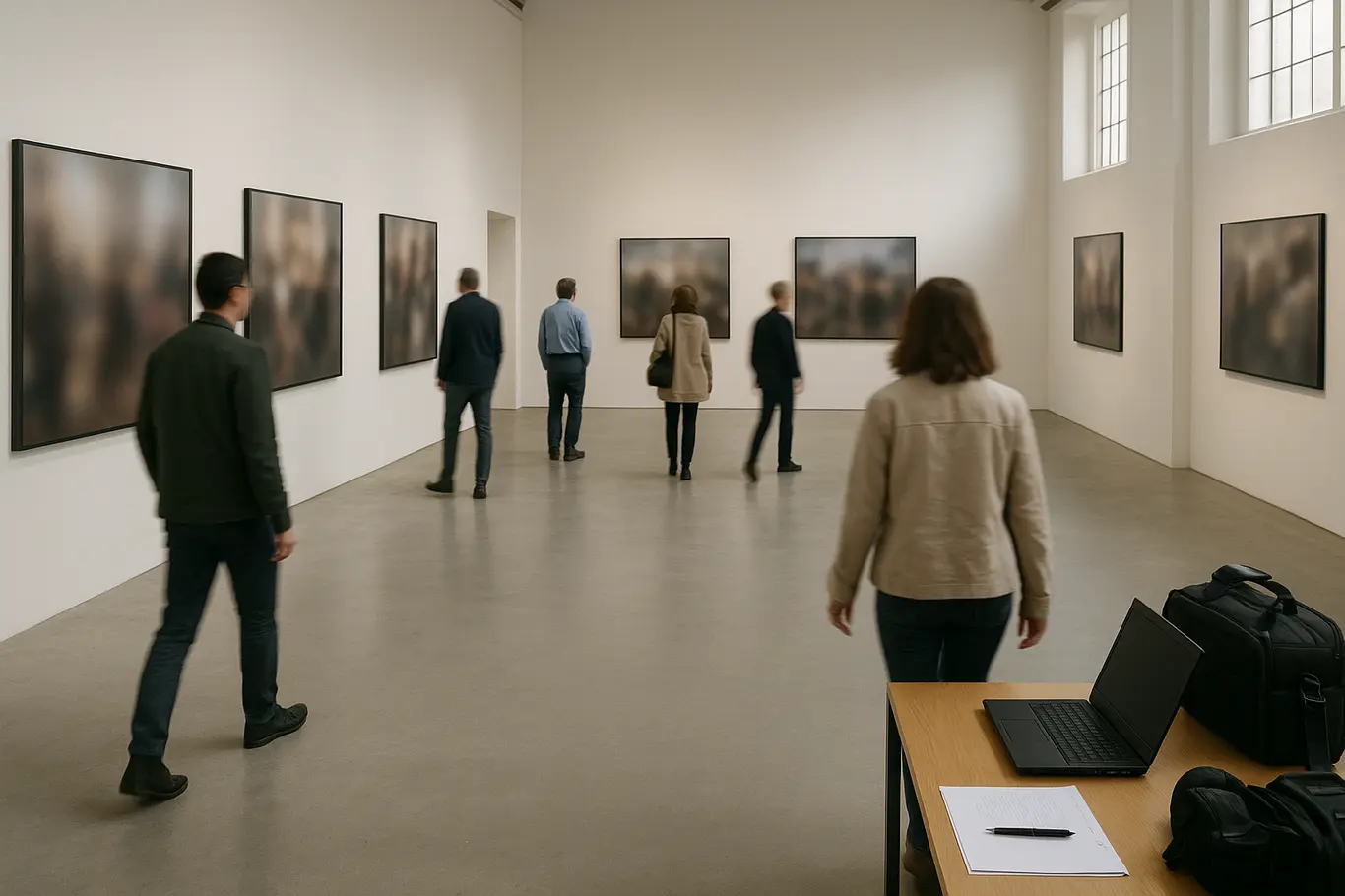 Salão de exposição com painéis de fotos desfocados e visitantes de costas, iluminação natural.