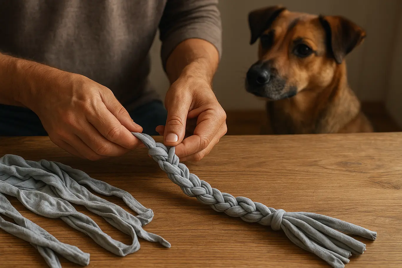 Mãos trançando camiseta para fazer brinquedo, cachorro observa em perfil