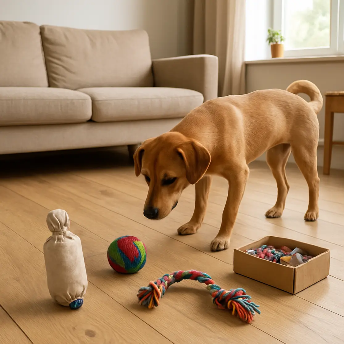 Sala com brinquedos caseiros para cachorro dispostos no chão e cachorro farejando um deles