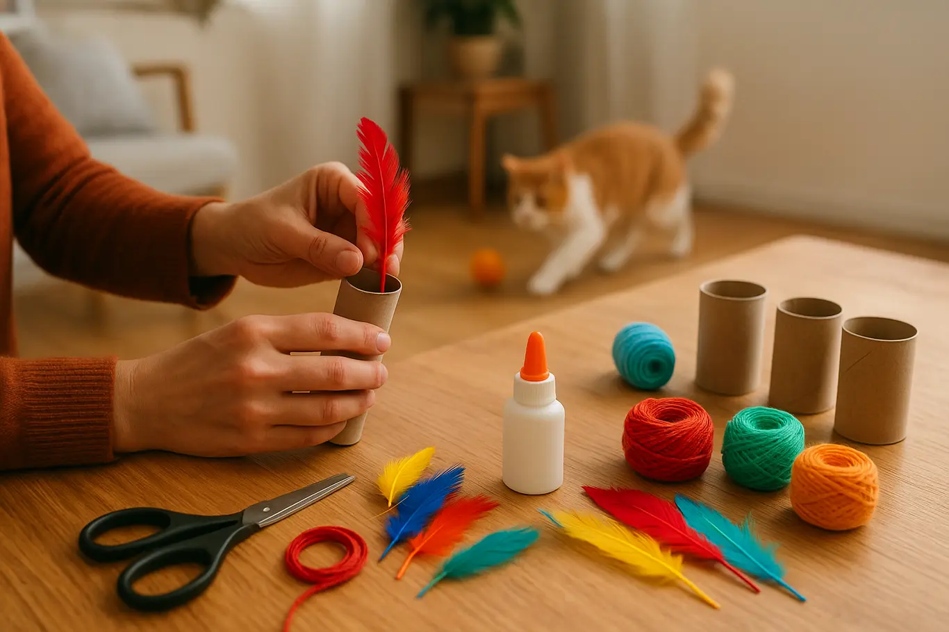 Bancada com materiais e mãos montando brinquedo caseiro para gato, gato desfocado ao fundo