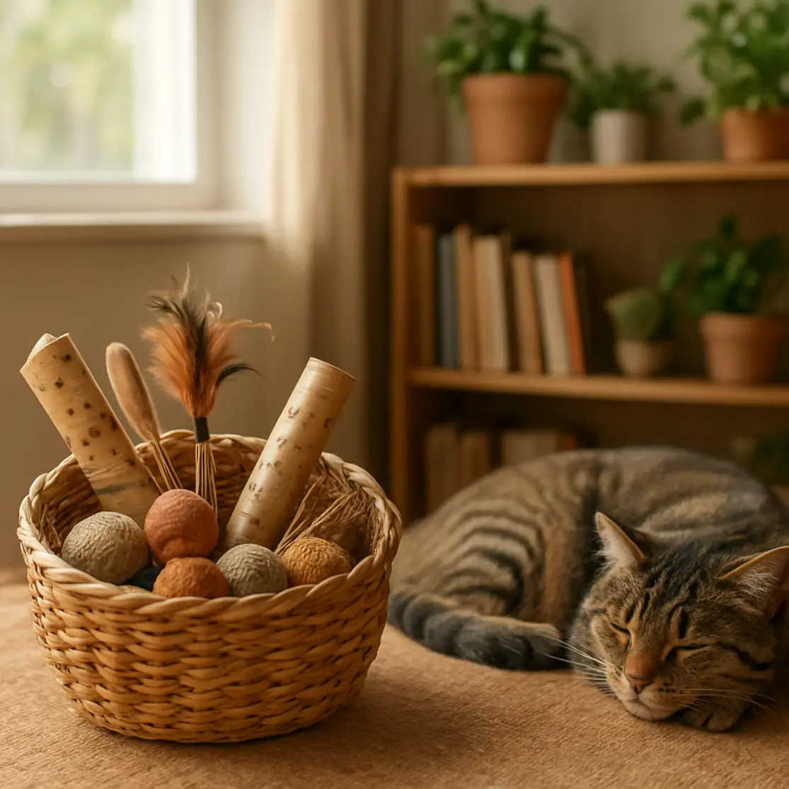 Sala com cesta de brinquedos caseiros para gato e gato dormindo ao lado