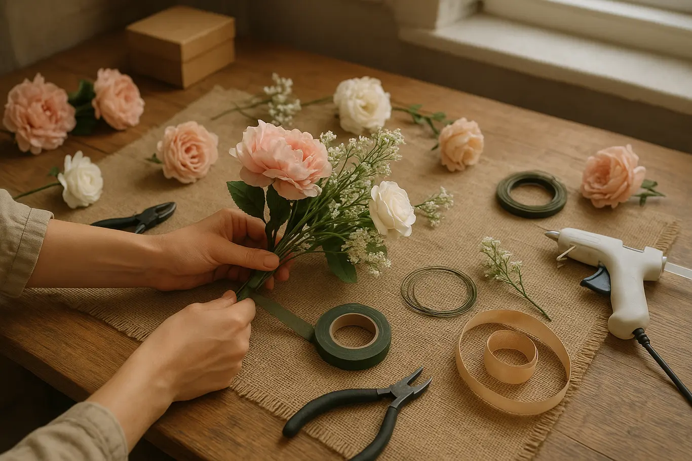 Bancada com materiais e mãos montando buquê de flores artificiais
