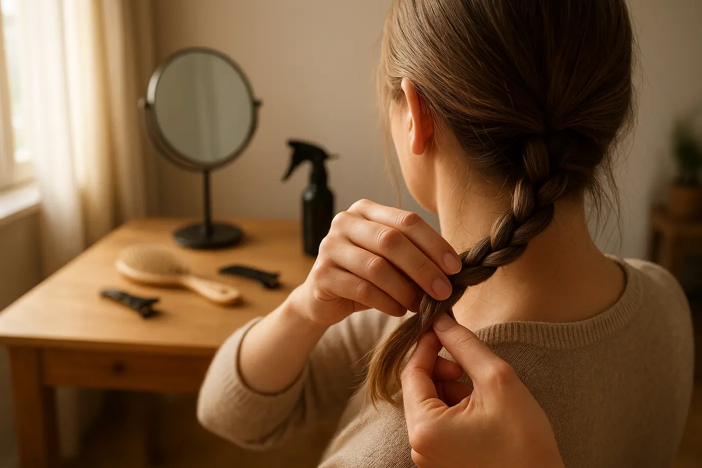Visão ampla das mãos fazendo nó no cabelo e materiais à mesa