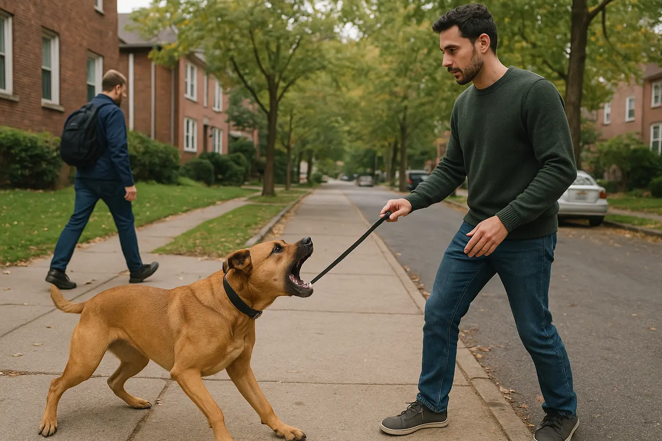 Cena aberta com tutor contornando latido do cachorro enquanto pedestre passa