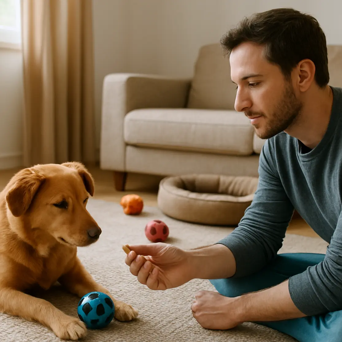 Cachorro relaxado com brinquedo interativo enquanto tutor oferece petisco
