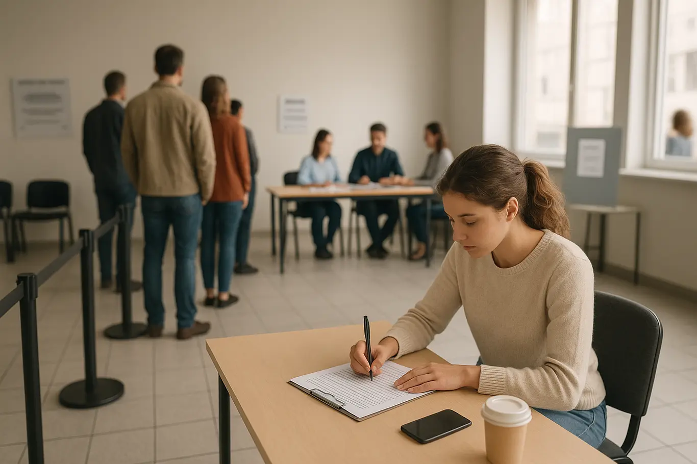 Sala de atendimento eleitoral com pessoa preenchendo formulário