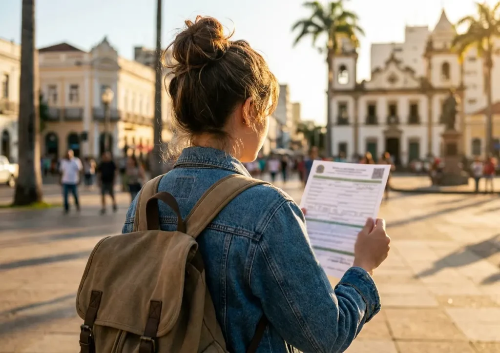 Jovem de costas segurando formulário de cadastro eleitoral