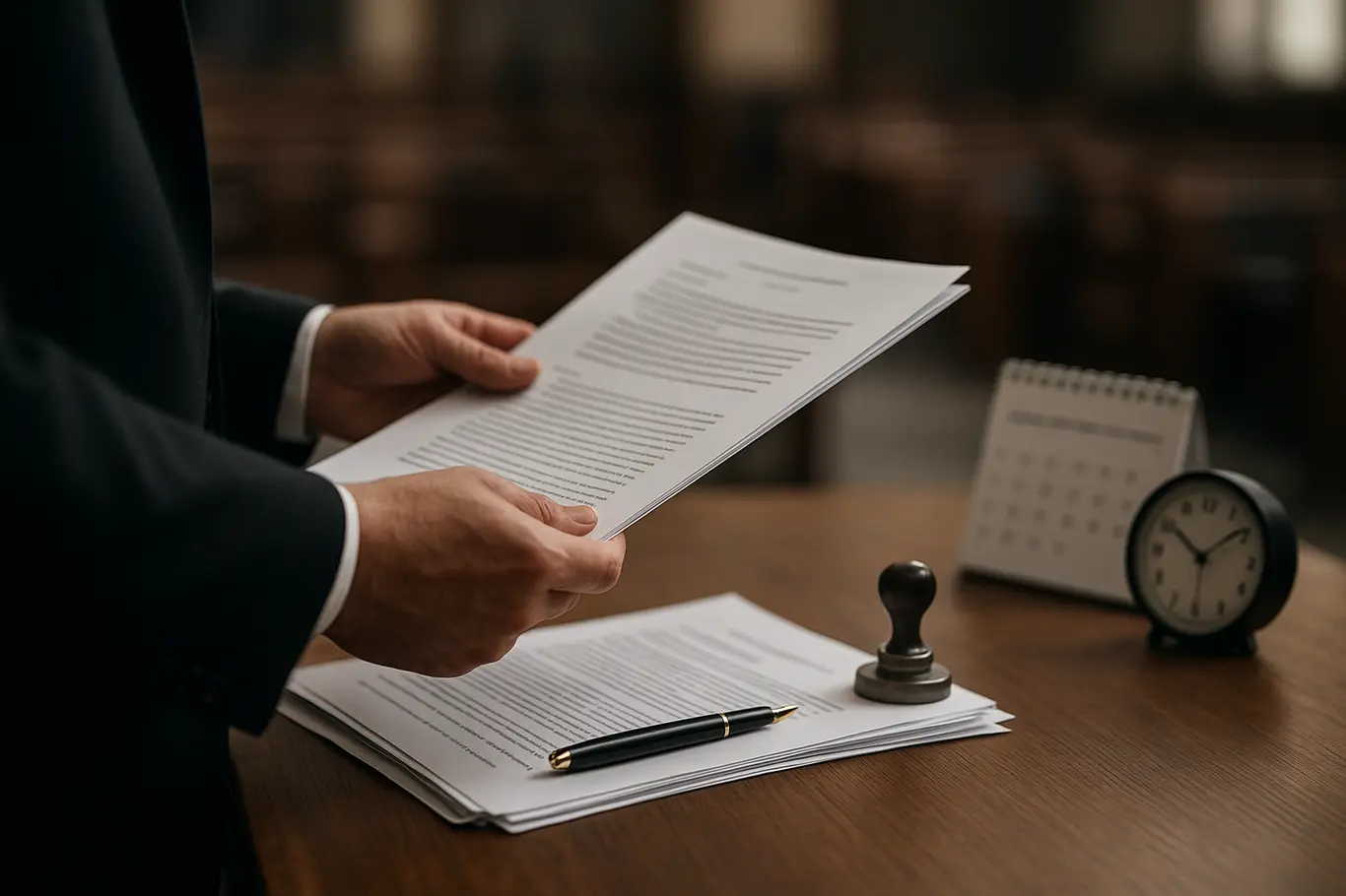 Detalhe de mãos manipulando documentos e calendário desfocados