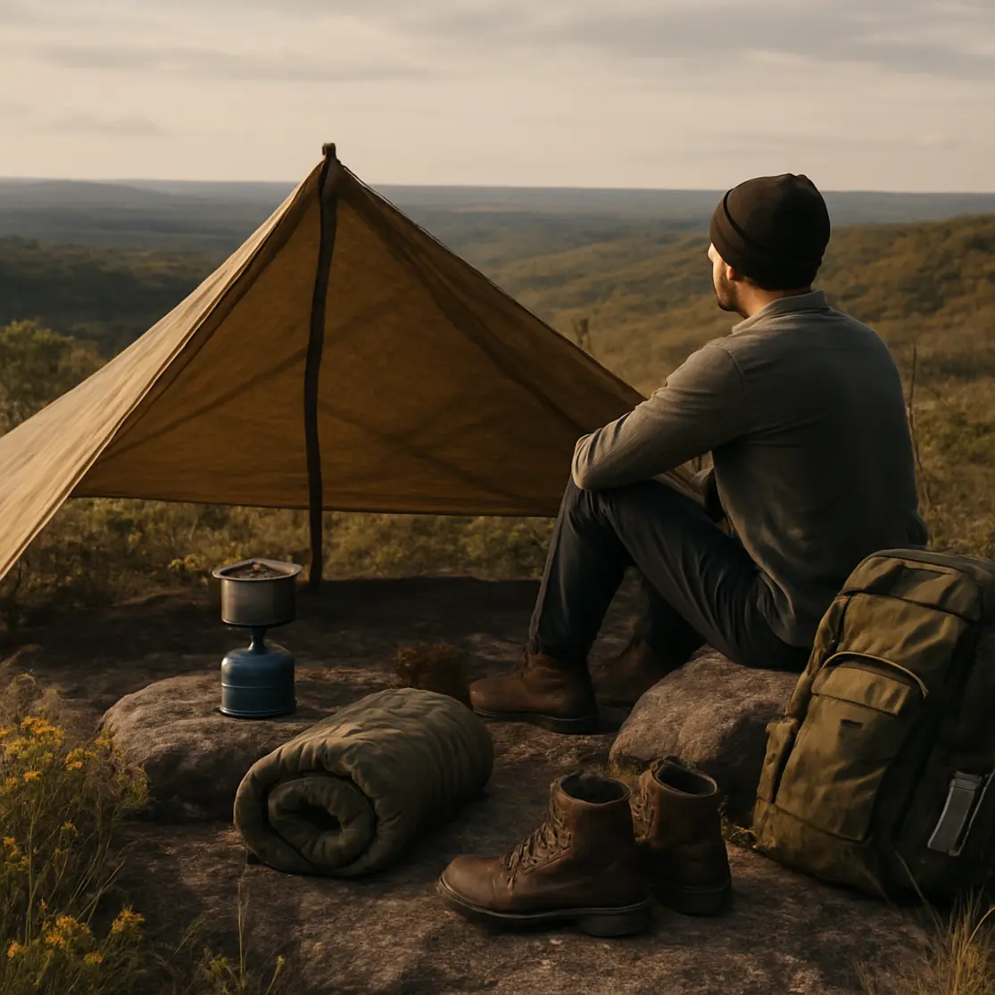 Acampamento selvagem em topo de pedra no cerrado com lona improvisada e mochila