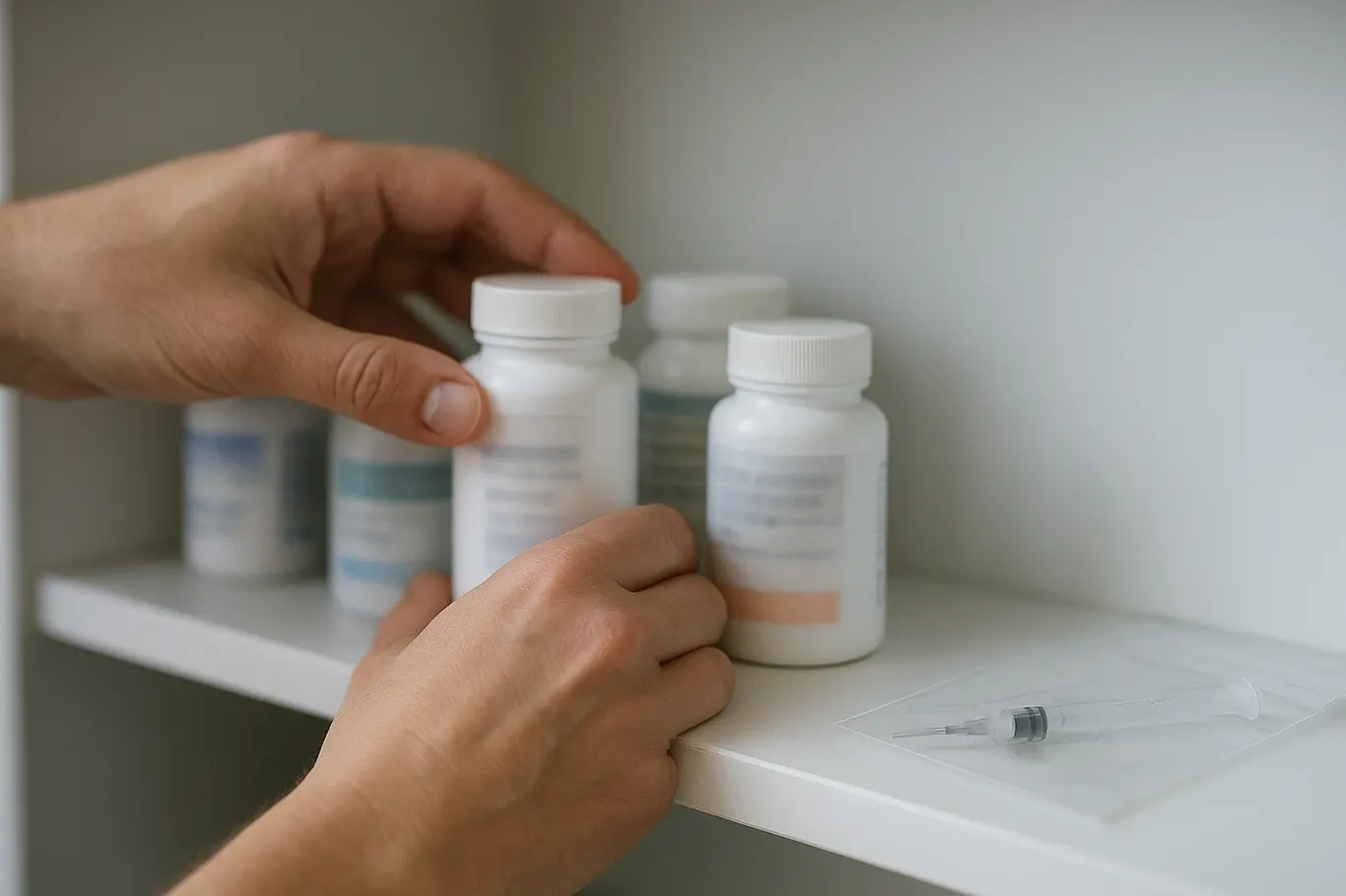 Detalhe de prateleira com frascos de suplementos e saco com caneta injetora