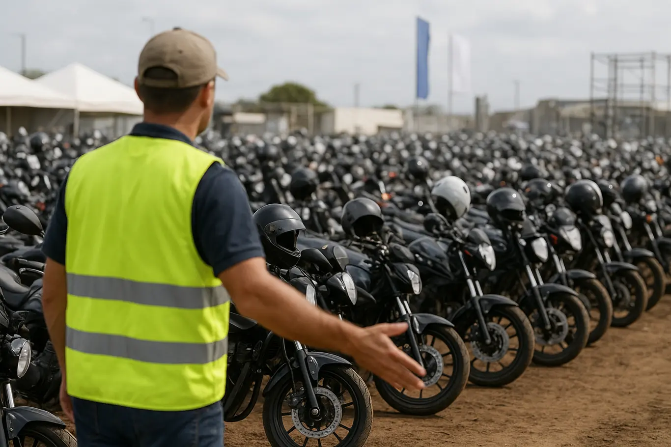 Fileiras de motocicletas estacionadas em solo temporário, capacetes nos guidões e trabalhador de costas orientando o fluxo.