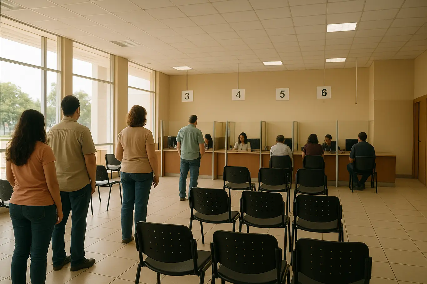 Interior de posto de atendimento com fila e balcões em Brasília