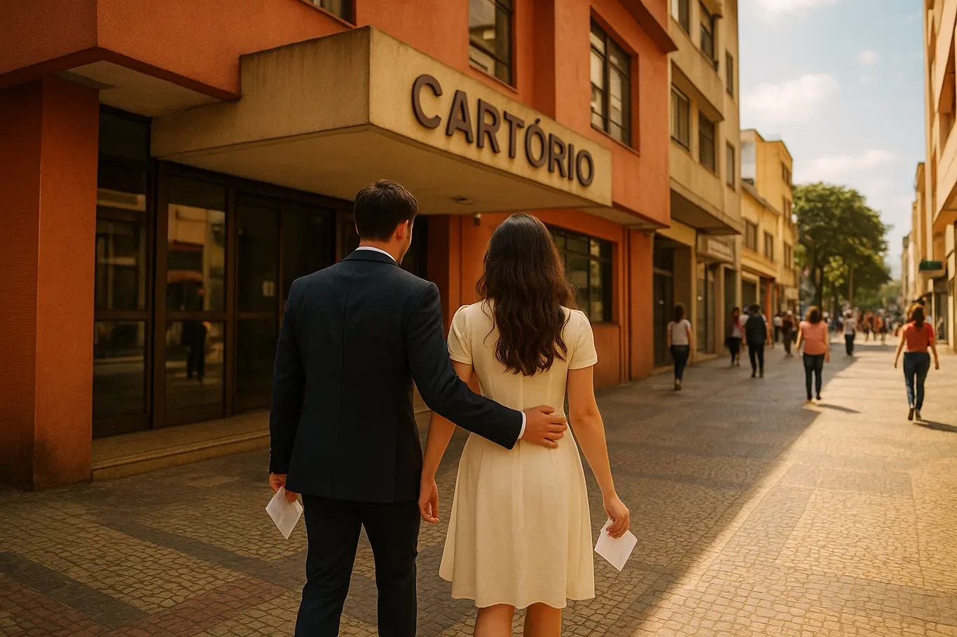 Casal de costas caminhando para a entrada do cartório com documentos na mão