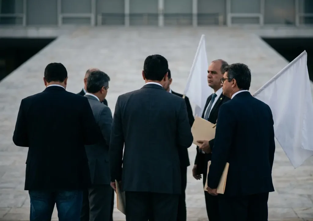 Delegação sindical de costas e bandeiras sem inscrições na escadaria de prédio público em Brasília