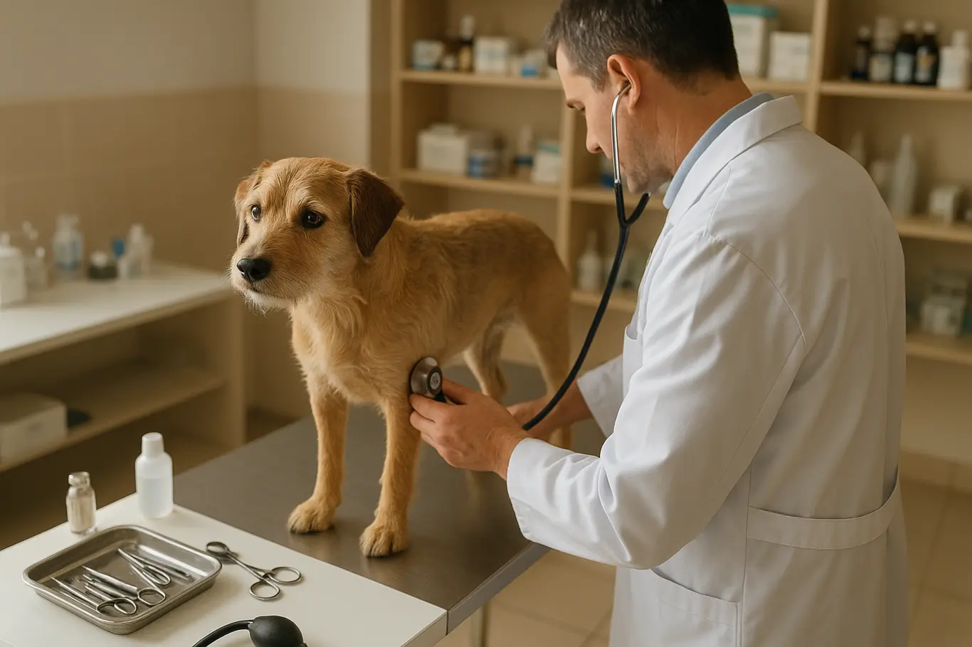 Sala de consulta veterinária com cachorro sendo examinado e veterinário de perfil