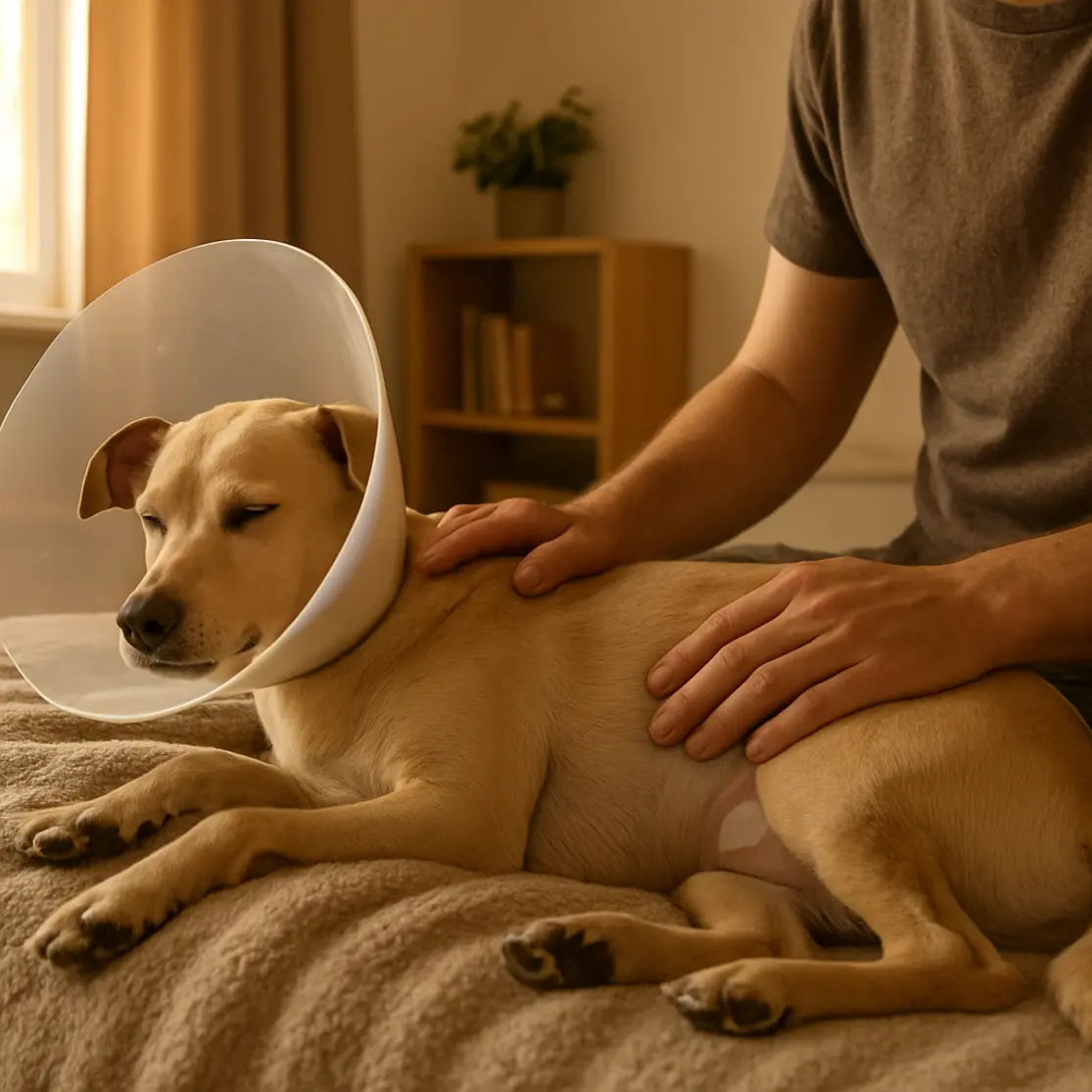 Cachorro descansando em casa com bandagem e mãos do proprietário acariciando-o em perfil