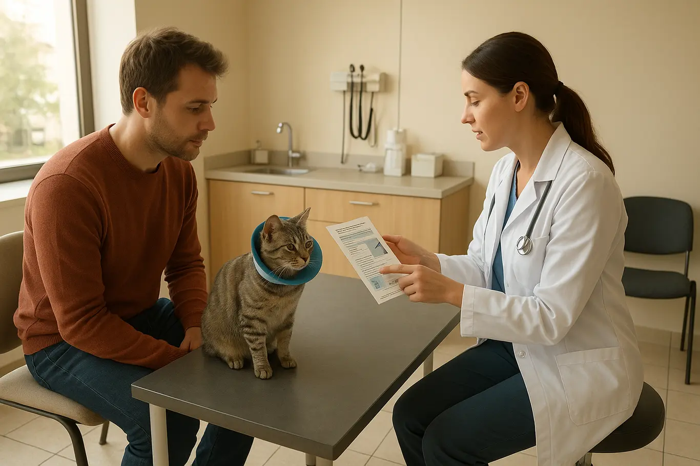 Consulta veterinária com gato em mesa de exame, veterinária em perfil e tutor ao lado
