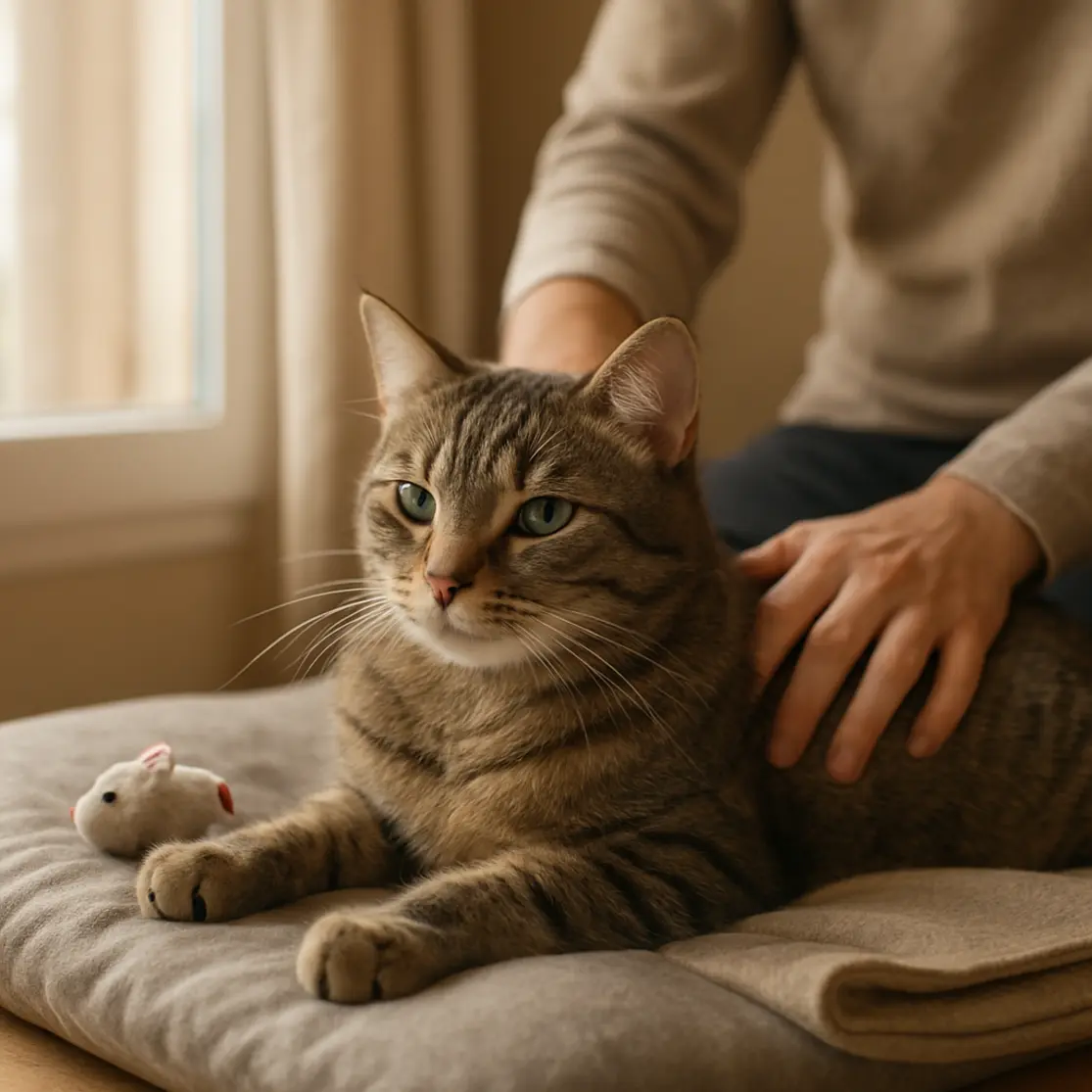 Gato relaxado em almofada perto da janela, com tutor ao fundo desfocado