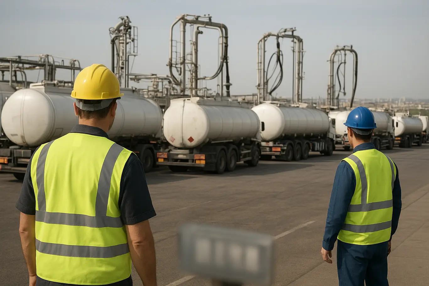 Terminal de combustíveis com caminhões-tanque alinhados e trabalhadores de costas