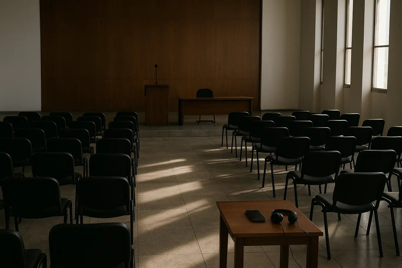 Salão institucional vazio em Brasília com smartphone e fones sobre mesa, palco ao fundo