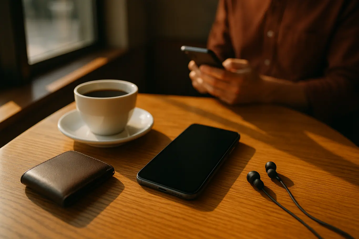 Mesa de cafeteria com smartphone ao lado de copo de café, pessoa desfocada ao fundo