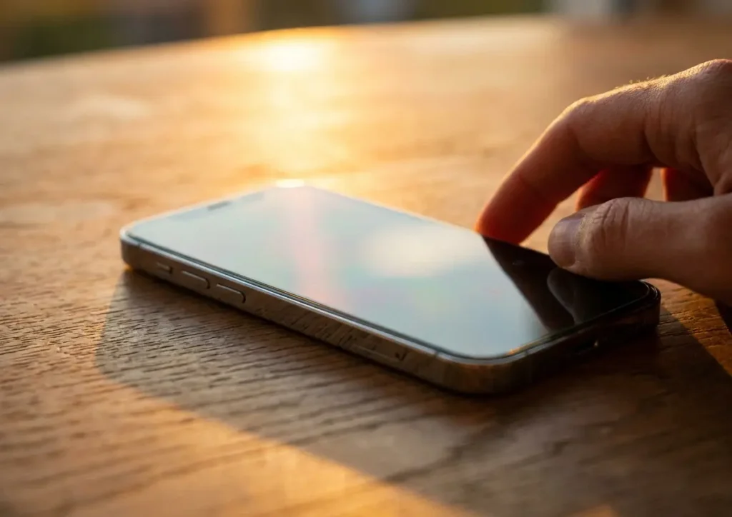 Smartphone genérico sobre mesa de madeira com luz quente, mão em perfil tocando a borda